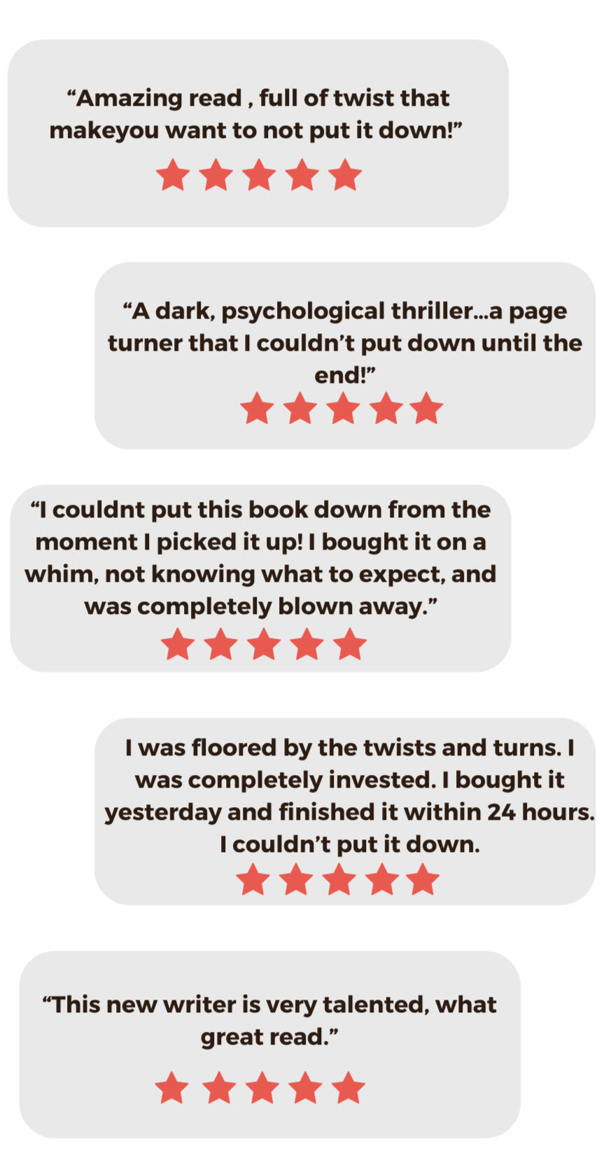 A collection of glowing reviews from readers who were captivated by Killer Satyr. These testimonials highlight the suspenseful twists, gripping narrative, and unputdownable nature of Caitlin Maracle's debut novel. With phrases like "completely blown away"